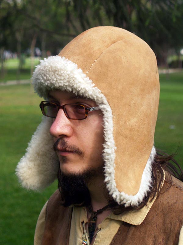 Winter hat made from goat buckskin plus hair-on lamb buckskin lining.