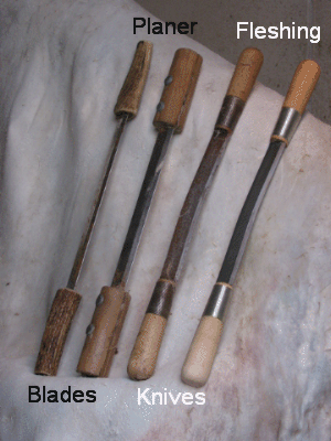 Hide scrapers for wet-scrape braintanning.